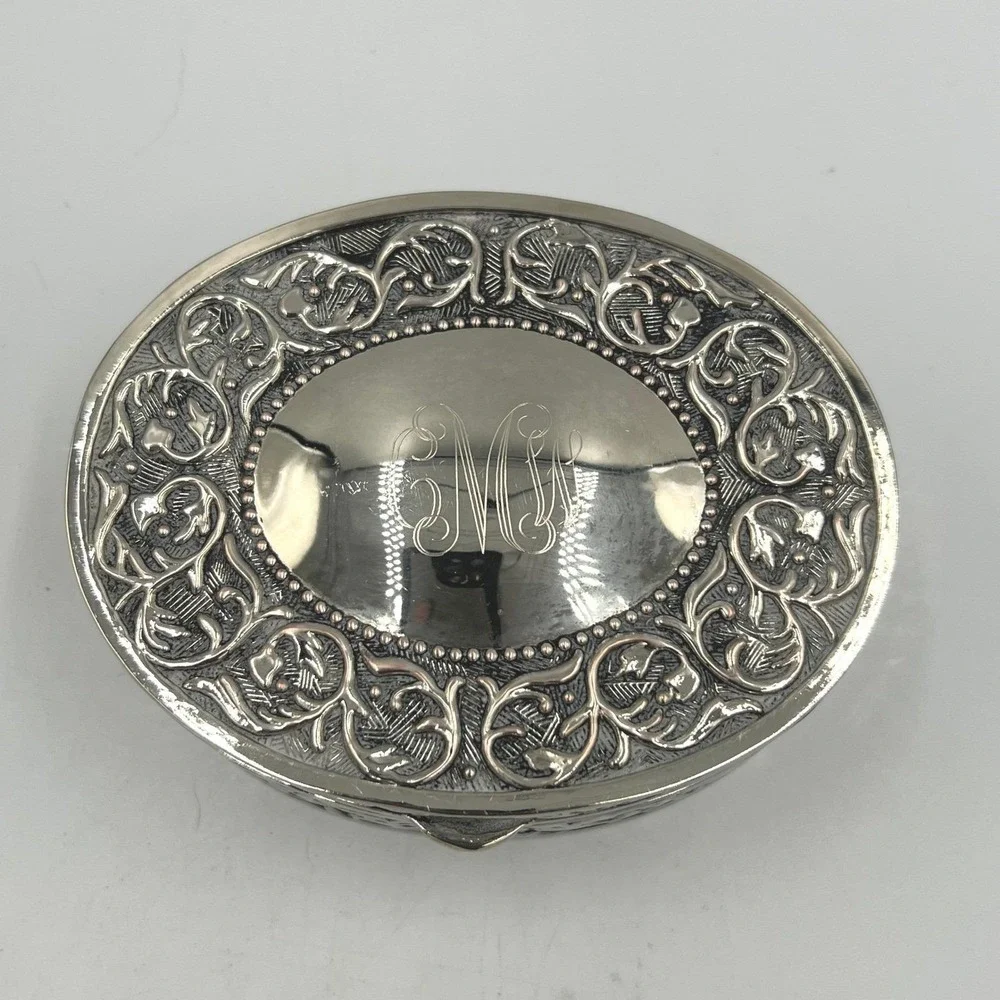 Vintage Oval Silver Plated Jewelry Trinket Box Monogrammed Velvet Lined Keepsake